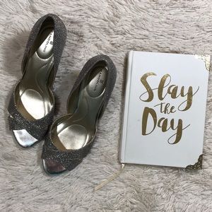 Bandolino Silver Sparkle Open Toe Heels
